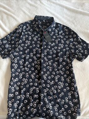 Ted Baker London Navy Short-Sleeve Floral Button-Down Shirt NWT Sz 4 (men’s M)